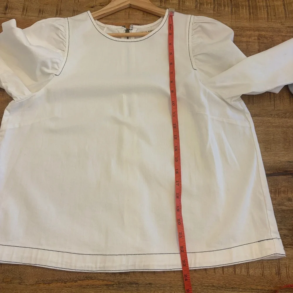 Ulla Johnson Finn Blouse Top 10 White Denim Puff Sleeve Contrast Stitch Minimal